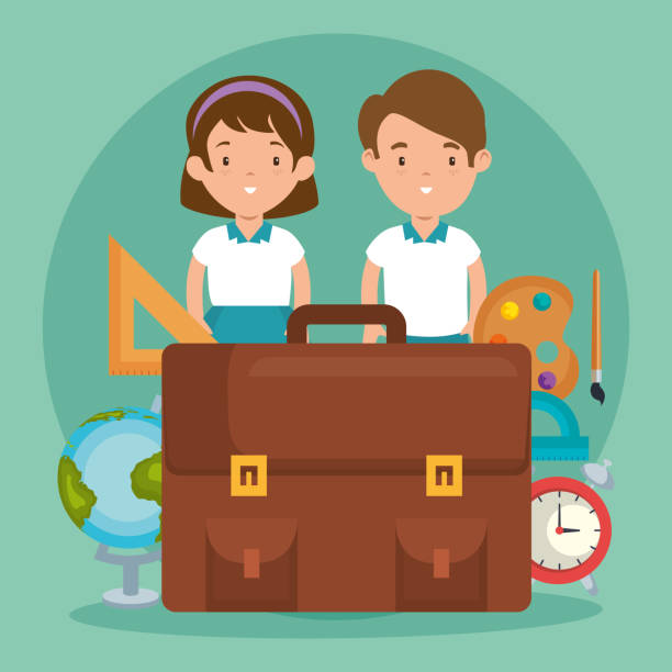 little kids with school supplies little kids with school supplies vector illustration design kindergarten portfolio stock illustrations