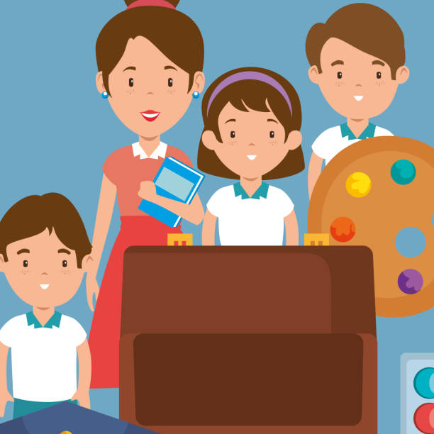 little kids with school supplies and teachers little kids with school supplies and teachers vector illustration design kindergarten portfolio stock illustrations