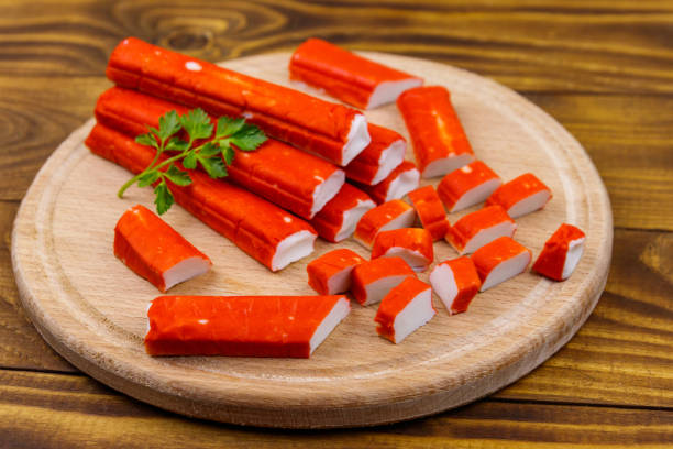 istock Crab sticks on cutting board on wooden table 1147617328