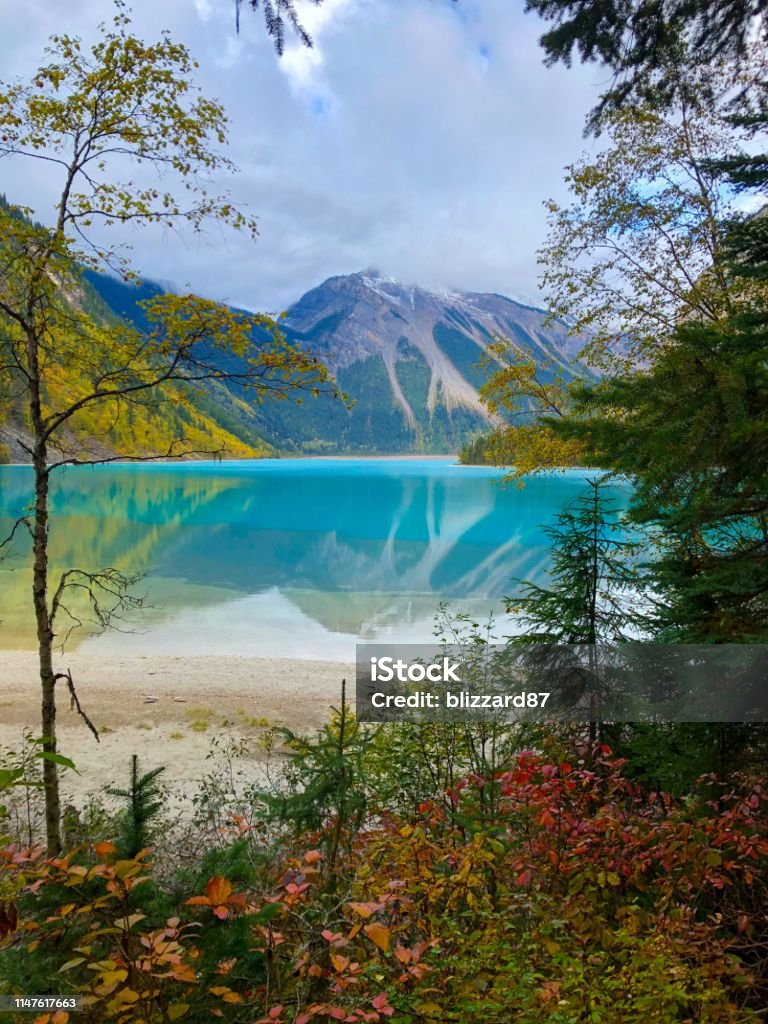 Kinney Lake View on beautiful Kinney Lake in Canada. The blue / turquoise water runs down from the glaciers of Mount Robson. Autumn Stock Photo