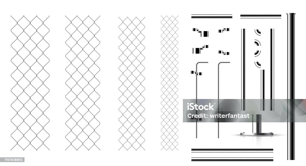 Realistic metal links and parts of the fence Realistic metal links and parts of the fence. Rabitz. Set for designing gates, hedges, barriers, cemetery fence, and so on Backgrounds stock vector