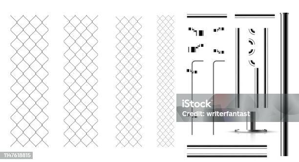 Realistic Metal Links And Parts Of The Fence Stock Illustration - Download Image Now - Backgrounds, Barbed Wire, Black Color