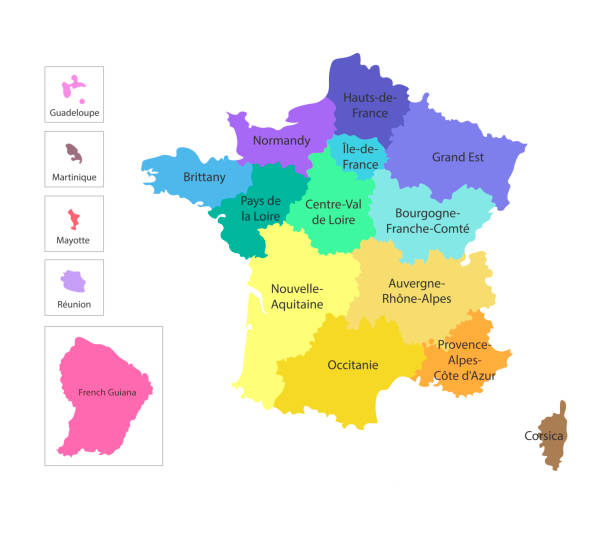 ilustraciones, imágenes clip art, dibujos animados e iconos de stock de vector ilustración aislada del mapa administrativo simplificado de francia. las fronteras y los nombres de las regiones - territorios franceses de ultramar