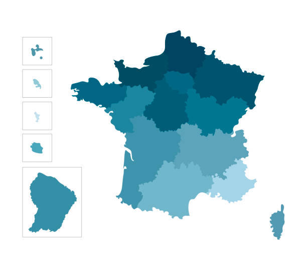 Vector isolated illustration of simplified administrative map of France. Borders  of the regions. Vector isolated illustration of simplified administrative map of France. Borders  of the regions. Colorful blue silhouettes french overseas territory stock illustrations
