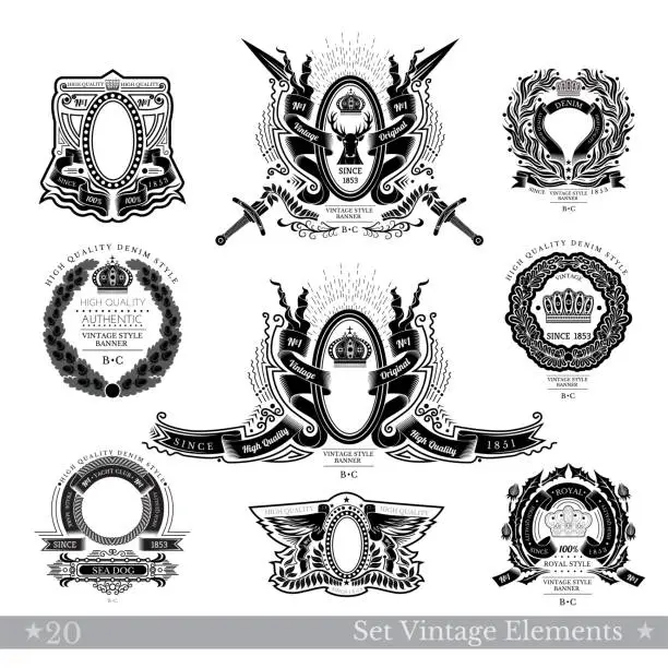 Vector illustration of Set Of Frame With Different Pattern And Weapons. Vintage Banners With Coat of Arms Isolated On White