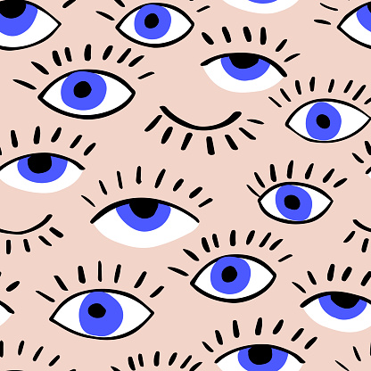 Eyes doodle vector hand drawn seamless pattern. Closed and open eye. The pattern for the fabric, cover. Ornament for wrapping paper.