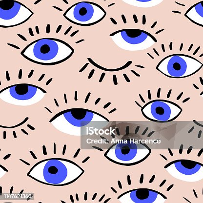istock Eyes doodle vector hand drawn seamless pattern. Closed and open eye. The pattern for the fabric, cover. Ornament for wrapping paper. 1147621360