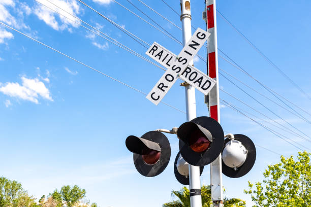 istock Railroad Crossing stop light and barrier 1147622442