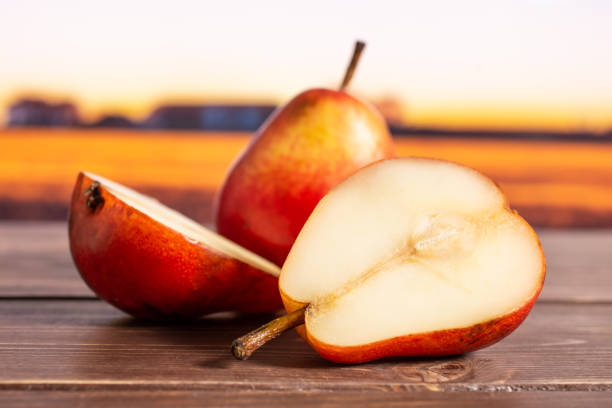 istock Fresh red pear with autumn field behind 1147622506