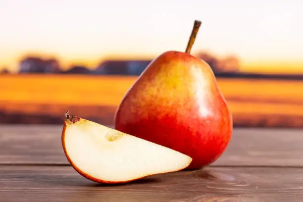 Photo of Fresh red pear with autumn field behind