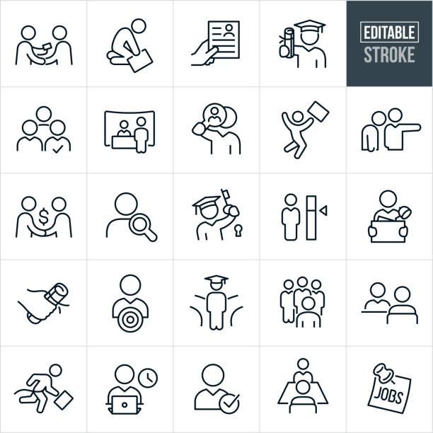 Job Recruiting and Hiring Thin Line Icons - Editable Stroke A set of hiring and employment icons that include editable strokes or outlines using the EPS vector file. The icons include jobseekers, job seeker giving business card, downtrodden employee, resume, graduate with college diploma, job candidate, candidate selection, job fair, job search, candidate search, job offer, new job, headhunter, fork in the road, college education, job interview, employee, business person, business person working and job recruiter to name just a few. interview event symbols stock illustrations
