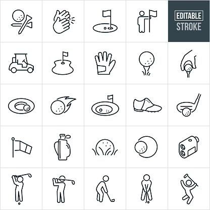 A set of golf icons that include editable strokes or outlines using the EPS vector file. The icons include people golfing, golf, golf tee, clapping, gold corse, golf hole, golf cart, fairway, golfing glove, ball on tee, golf ball near cup, sandtrap, golf shoe, driver, putter, golf clubs, range finder, golfers hitting ball, golfers driving a golf ball and golfers putting to name a few.