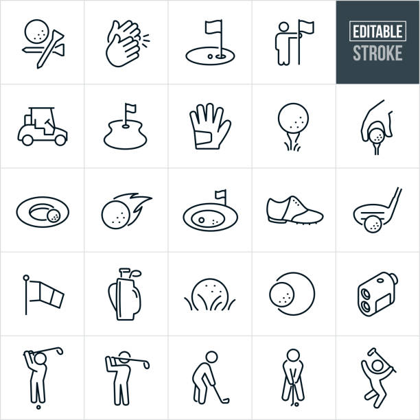 Golf Thin Line Icons - Editable Stroke A set of golf icons that include editable strokes or outlines using the EPS vector file. The icons include people golfing, golf, golf tee, clapping, gold corse, golf hole, golf cart, fairway, golfing glove, ball on tee, golf ball near cup, sandtrap, golf shoe, driver, putter, golf clubs, range finder, golfers hitting ball, golfers driving a golf ball and golfers putting to name a few. golf symbols stock illustrations