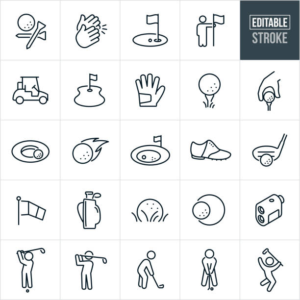 Golf Thin Line Icons - Editable Stroke A set of golf icons that include editable strokes or outlines using the EPS vector file. The icons include people golfing, golf, golf tee, clapping, gold corse, golf hole, golf cart, fairway, golfing glove, ball on tee, golf ball near cup, sandtrap, golf shoe, driver, putter, golf clubs, range finder, golfers hitting ball, golfers driving a golf ball and golfers putting to name a few. golf cart vector stock illustrations