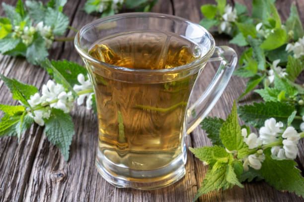 istock A cup of white dead-nettle tea with fresh blooming dead-nettles 1147625407