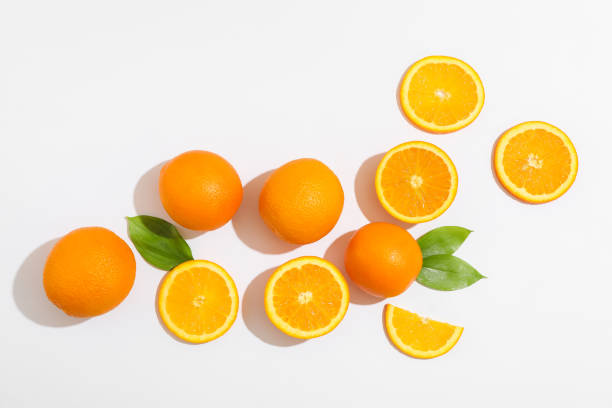 istock Flat lay composition with oranges and space for text on white background. Top view 1147627276