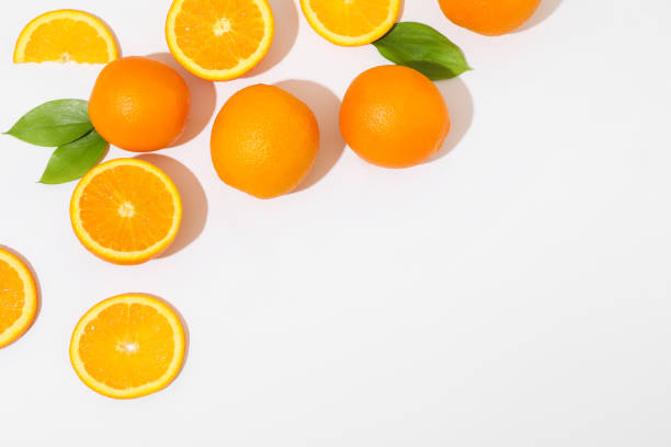 istock Flat lay composition with oranges and space for text on white background. Top view 1147627291