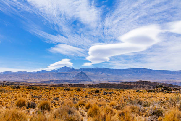 A dry Patagonia landscape with blue sky and dramatic clouds near Paso Roballo