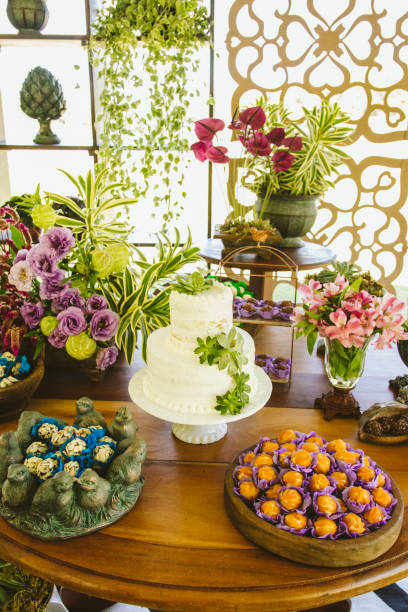 istock Wedding Setup. Cake tables with sweet, decoration and flowers 1147634307