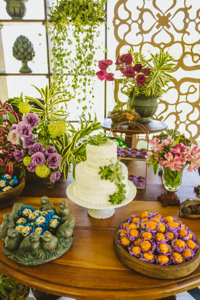 istock Wedding Setup. Cake tables with sweet, decoration and flowers 1147634335
