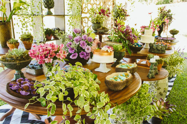 istock Wedding Setup. Cake tables with sweet, decoration and flowers 1147634687