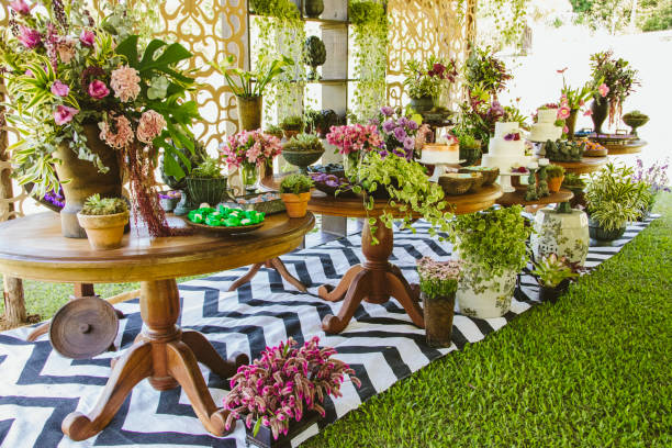istock Wedding Setup. Cake tables with sweet, decoration and flowers 1147634790