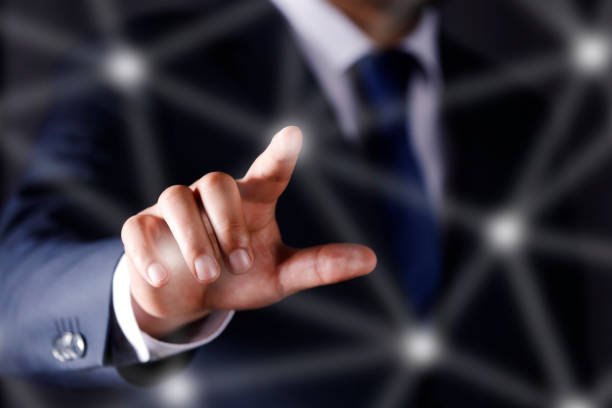 Woman touching green” START “button on the touch screen. Success process concept.