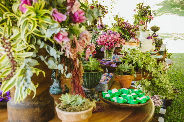 istock Wedding Setup. Cake tables with sweet, decoration and flowers 1147635480