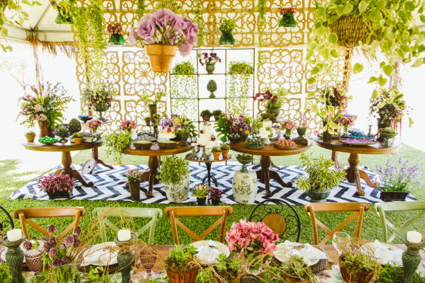 istock Wedding Setup. Cake tables with sweet, decoration and flowers 1147635498