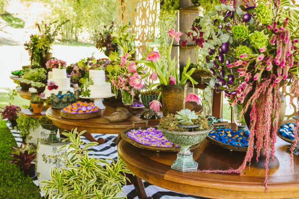 istock Wedding Setup. Cake tables with sweet, decoration and flowers 1147635502