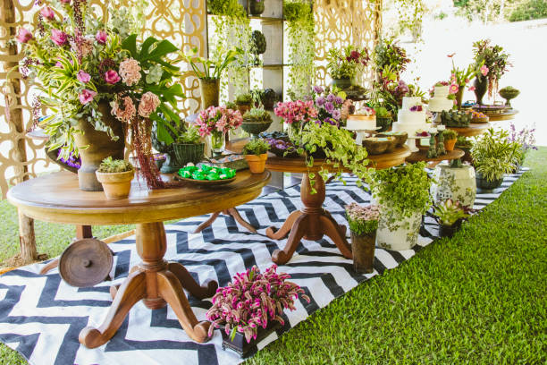 istock Wedding Setup. Cake tables with sweet, decoration and flowers 1147635670