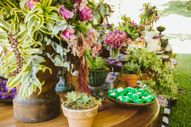 istock Wedding Setup. Cake tables with sweet, decoration and flowers 1147635903