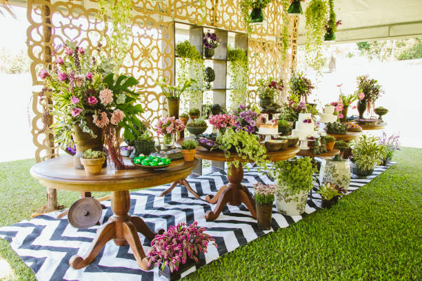 istock Wedding Setup. Cake tables with sweet, decoration and flowers 1147636116