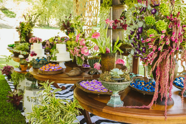 istock Wedding Setup. Cake tables with sweet, decoration and flowers 1147636117