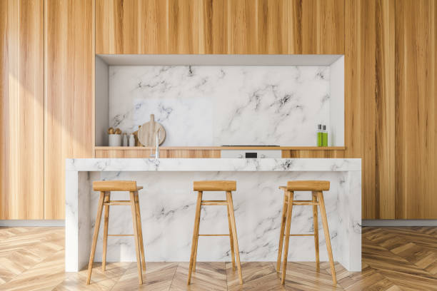 istock Wooden kitchen with countertops and bar 1147637131