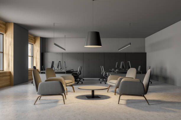 istock Gray office lounge interior with armchairs 1147637227
