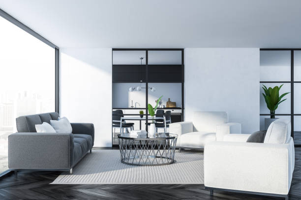istock Side view of panoramic living room, gray sofa 1147637256