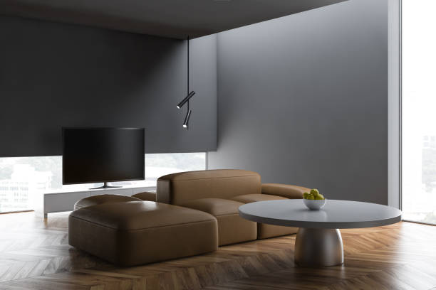 istock Grey concrete wall in a modern lovely living room sofa interior. 3d render. 1147637401