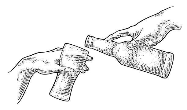 Male finger pouring beer from bottle into glass. The Creation of Adam. Male hand pouring beer from a bottle into a glass. Section fresco The Creation of Adam. Vector black vintage engraving illustration isolated on a white background. For web, poster medieval fresco stock illustrations