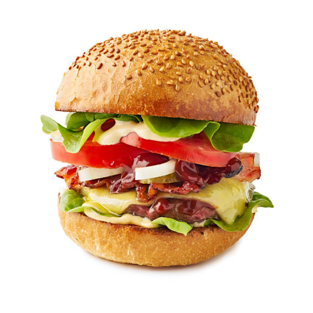 istock Big juicy hamburger isolated on white background 1147638375