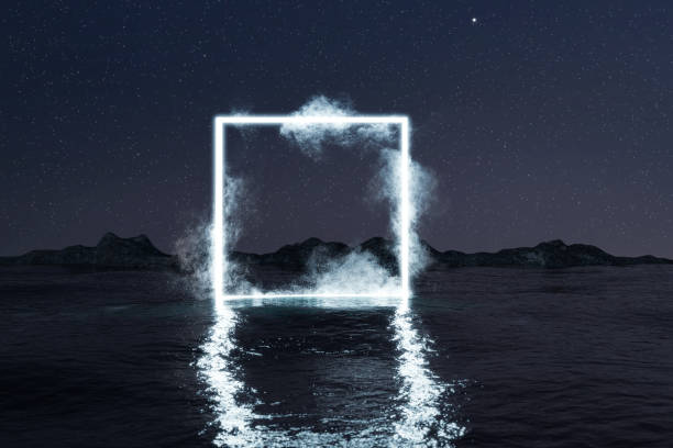istock 3d rendering of blue lighten square shape with glowing clouds on water at night 1147642070