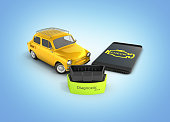 Car diagnostic concept Close up of OBD2 wireless scanner with smartphone and retro car on blue gradient background 3d illustration