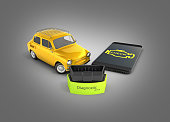 Car diagnostic concept Close up of OBD2 wireless scanner with smartphone and retro car on gray gradient background 3d illustration