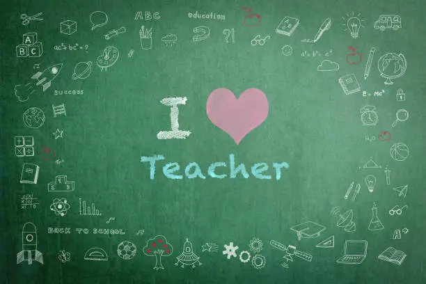 Photo of I love teacher greeting on green chalkboard with doodle for teacher's day concept