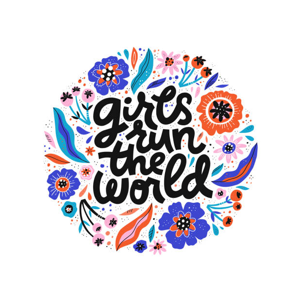 dziewczyny biegają po świecie ręcznie rysowane czarne napisy - maszynopis ilustracje stock illustrations