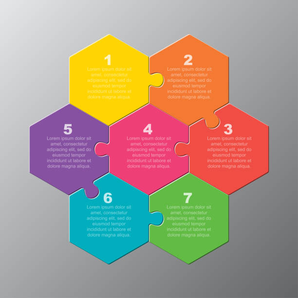 ilustrații de stoc cu șapte piese puzzle jigsaw hexagonale info grafic - numărul 7
