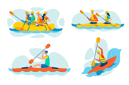 Extreme, Dangerous Water Sports, Active Recreation Flat Vector Concepts Set Isolated on White Background. Group of People River Rafting on Inflatable Boat, Kayaking, Canoeing and Paddling Illustration