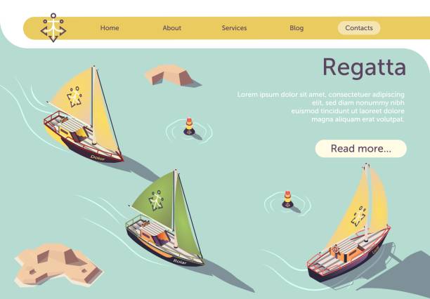 sea sailing regatta banner design mit segelboot - regatta stock-grafiken, -clipart, -cartoons und -symbole