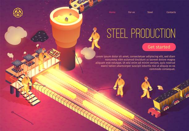 Steel Production Banner with Metallurgy Process Steel Production Banner with Metallurgy Process and Working Team Employees. Industrial Metalworking Vector Isometric Illustration with Melting Casting and Welding Metallurgical Process metal molding stock illustrations