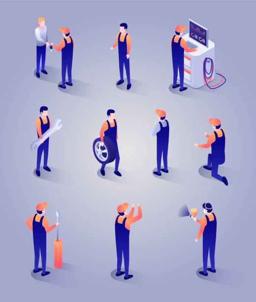 Mechanics with Tools and Equipment Isometric Set Car Repair Service Isometric Set. Auto Mechanic Characters with Special Equipment, Spare Parts, Tools. Technician Meeting Client. People Series Icons. Vector 3d Illustration on Gradient Backdrop mechanic workshop stock illustrations